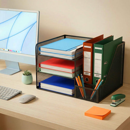 Desk Organizer, Metal Mesh, 5 Compartments, File Slot