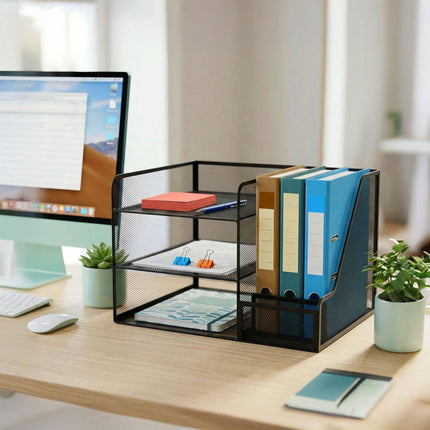 Desk Organizer, Metal Mesh, 5 Compartments, File Slot
