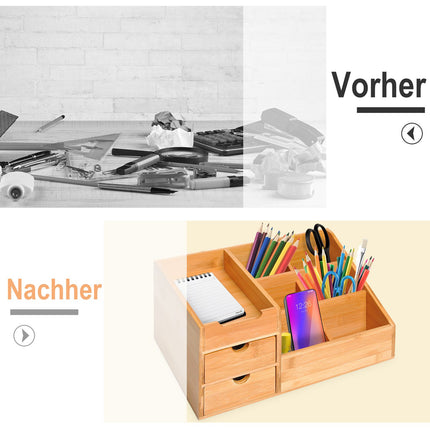 Desk organizer with 2 drawers, natural wood finish