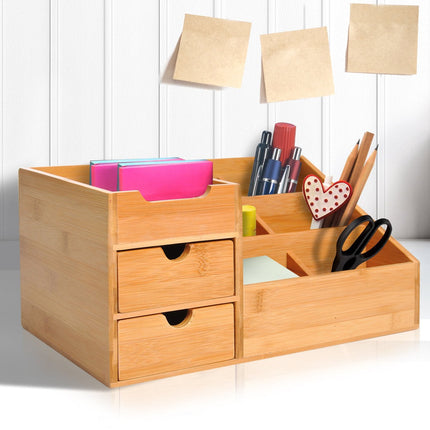 Desk organizer with 2 drawers, natural wood finish