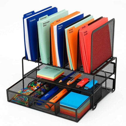 Desk Organizer With 6 Compartments, Drawer, Steel Mesh