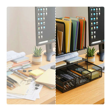 Desk Organizer With 6 Compartments, Drawer, Steel Mesh