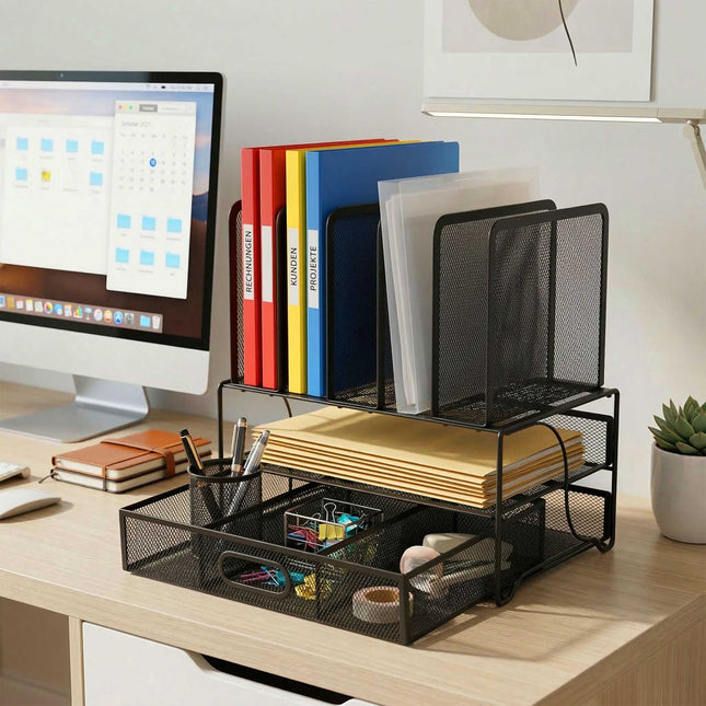 Desk Organizer With 6 Compartments, Drawer, Steel Mesh