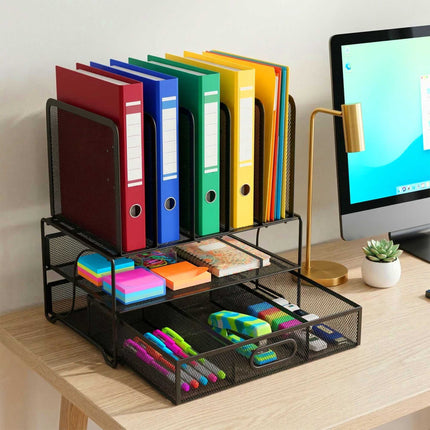 Desk Organizer With 6 Compartments, Drawer, Steel Mesh
