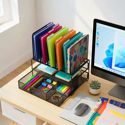 Desk Organizer With 6 Compartments, Drawer, Steel Mesh