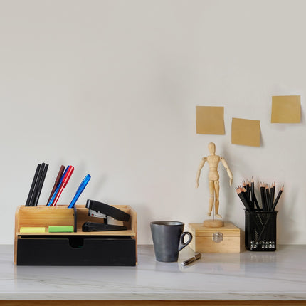 Desk Organizer with 9 Compartments, Bamboo Storage