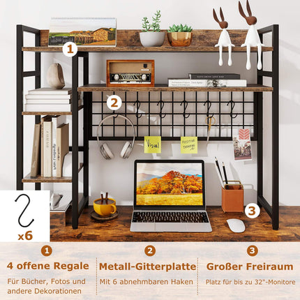 Desk Shelf Organizer with 4 Tiers & 6 Hooks, Brown