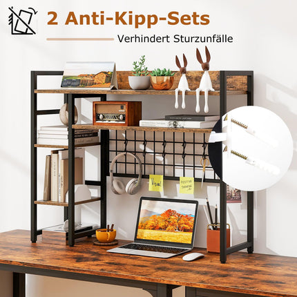 Desk Shelf Organizer with 4 Tiers & 6 Hooks, Brown