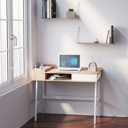 Computer desk with wide top and storage compartment