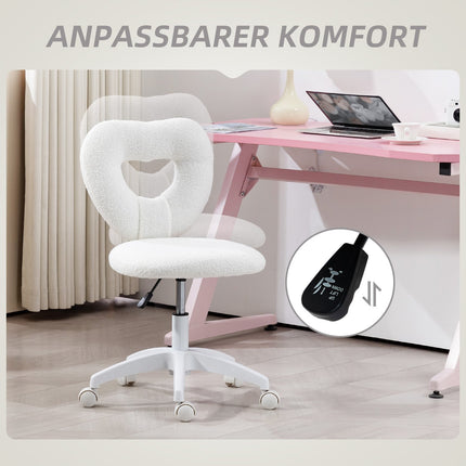 White heart-shaped swivel desk chair, height adjustable