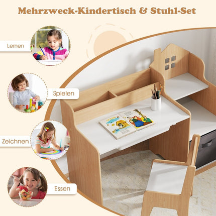Desk & chair set for children Student table with open shelves White + Natural