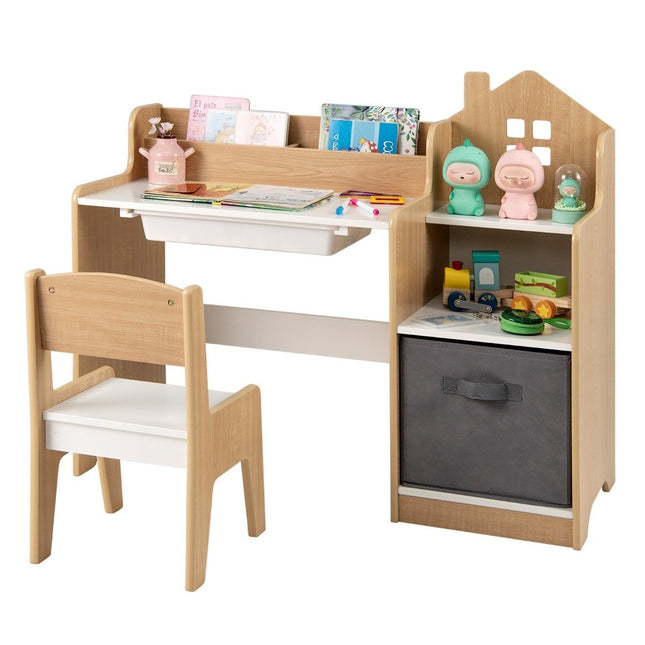 Desk & chair set for children Student table with open shelves White + Natural