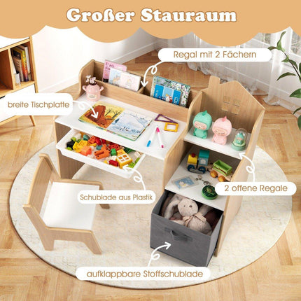 Desk & chair set for children Student table with open shelves White + Natural