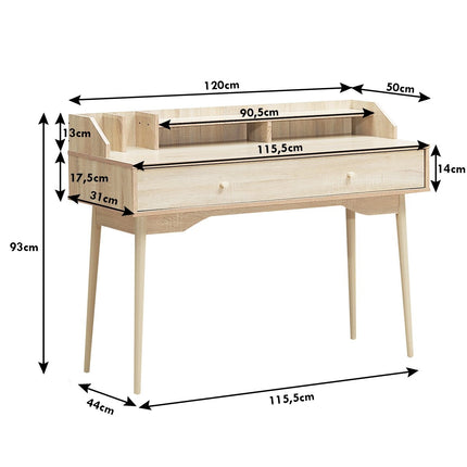 Desk computer table with drawer office table made of solid wood PC workstation 120 x 50 x 93 cm natural
