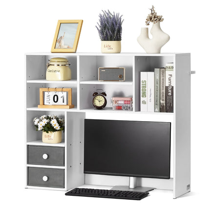 Desktop Bookshelf Hutch, 3-Tier, 2 Fabric Drawers, White