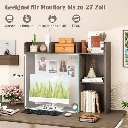 Desktop Bookshelf with 4 Shelves and Open Back, Wood, Gray