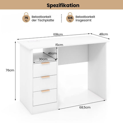 Desk with 3 drawers & charging station computer desk modern office table white