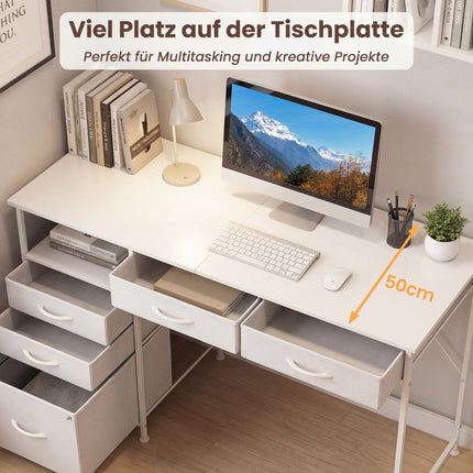 Desk with 5 Fabric Drawers and Shelf – White, 120x50 cm