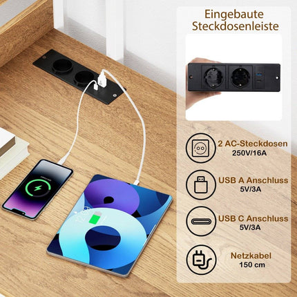Desk with Charging Station, 120x65 cm, Natural Wood