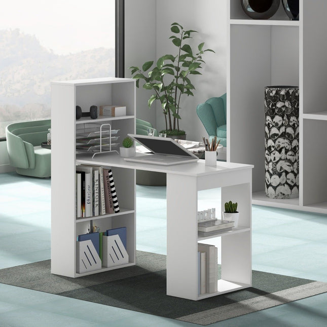 Desk with bookshelf Computer table with 6 shelves PC table with shelf Office table white