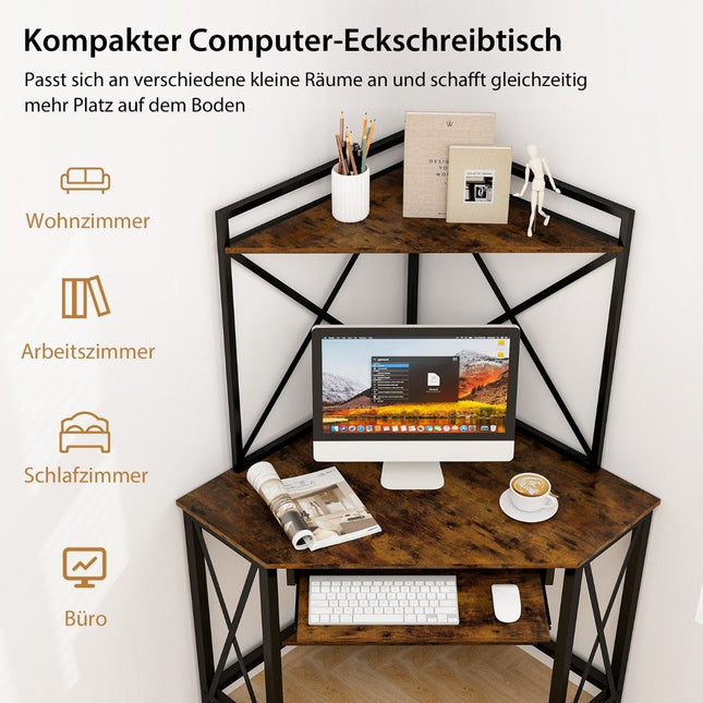 Desk with charging station corner computer table with keyboard shelf & 2 shelves 113 x 75 x 145 cm Rustic brown + black