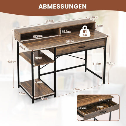 Desk with drawer monitor stand & 2 open shelves computer desk with metal frame 120 x 56 x 90.5 cm
