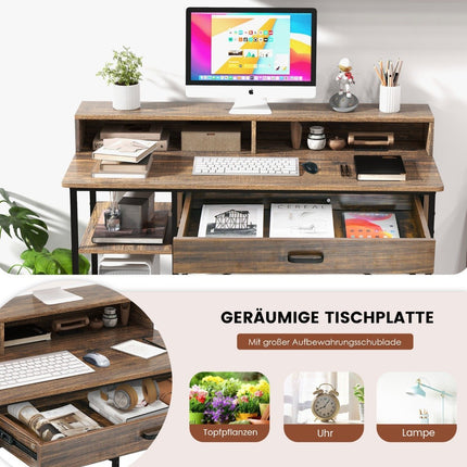 Desk with drawer monitor stand & 2 open shelves computer desk with metal frame 120 x 56 x 90.5 cm