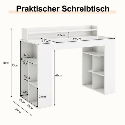 Desk with monitor shelf & 2 bookshelves computer table 120 x 54 x 90 cm white