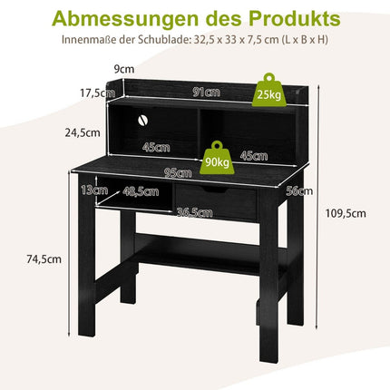 Desk with sockets Small computer desk with attachment 95 x 56 x 109.5 cm Black