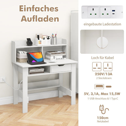 Desk with sockets Small computer desk with attachment 95 x 56 x 109.5 cm white