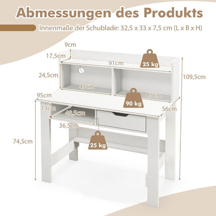 Desk with sockets Small computer desk with attachment 95 x 56 x 109.5 cm white