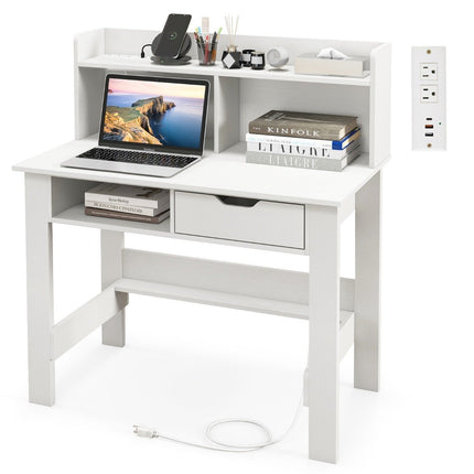 Desk with sockets Small computer desk with attachment 95 x 56 x 109.5 cm white