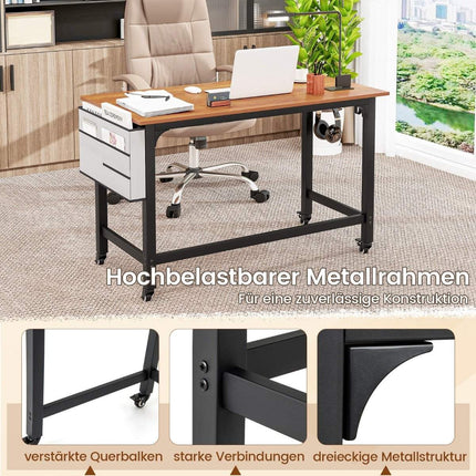 Desk with wheels Computer table with removable fabric bag and headphone hook 120 x 60 x 75 cm Natural