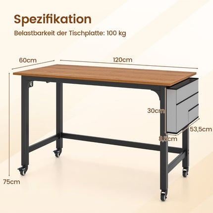 Desk with wheels Computer table with removable fabric bag and headphone hook 120 x 60 x 75 cm Natural