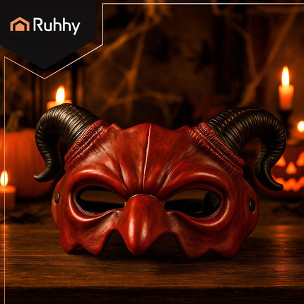 Devil Halloween Mask with Horns, Red/Black, Elastic Band