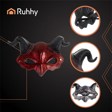 Devil Halloween Mask with Horns, Red/Black, Elastic Band
