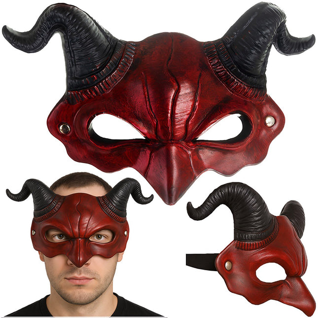 Devil Halloween Mask with Horns, Red/Black, Elastic Band