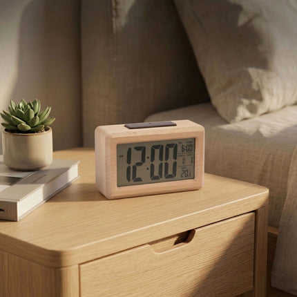 Digital Beech Wood Alarm Clock, Natural Finish