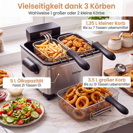Digital Deep Fryer, 5L Oil, 1700W, 3 Baskets, Stainless Steel