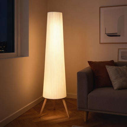 Dimmable LED Floor Lamp, Wood Tripod, Foot Switch, White