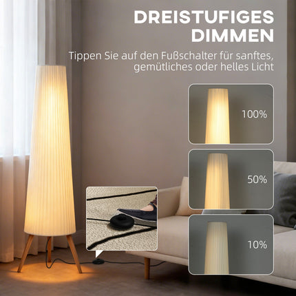 Dimmable LED Floor Lamp, Wood Tripod, Foot Switch, White
