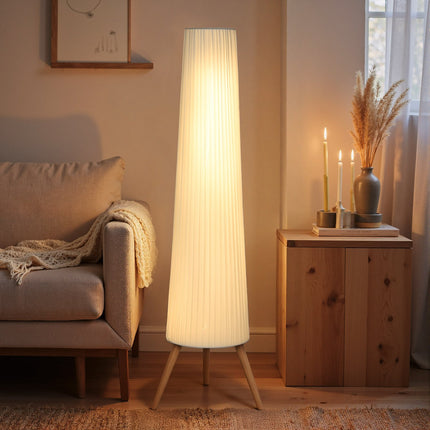 Dimmable LED Floor Lamp, Wood Tripod, Foot Switch, White