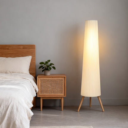 Dimmable LED Floor Lamp, Wood Tripod, Foot Switch, White