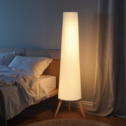 Dimmable LED Floor Lamp, Wood Tripod, Foot Switch, White