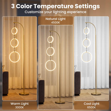 Dimmable LED Floor Lamp with 3 Light Rings and Foot Switch, Gold, 180 cm