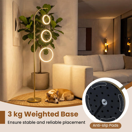 Dimmable LED Floor Lamp with 3 Light Rings and Foot Switch, Gold, 180 cm