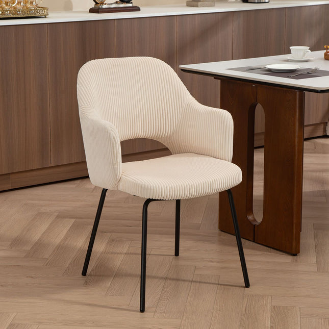 Eetkamerstoel, koordbekleding, schelpvorm, metalen poten, beige