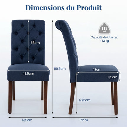 Dining Chairs Set of 2, Blue Upholstered, Wood Legs, 150kg
