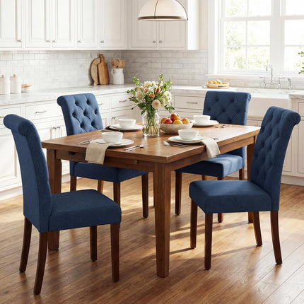 Dining Chairs Set of 2, Blue Upholstered, Wood Legs, 150kg