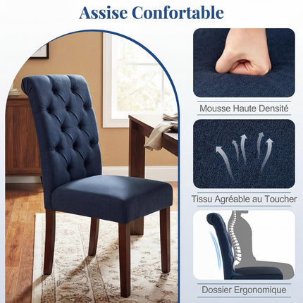 Dining Chairs Set of 2, Blue Upholstered, Wood Legs, 150kg